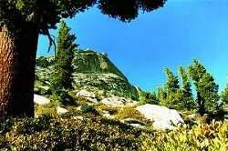Alta Peak (3415 m) vyr�st� k obloze uprost�ed vysokohorsk� divo�iny.
